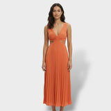 Zephyrine | Damen Plissee Midikleid V-Ausschnitt Ärmellos – Orange