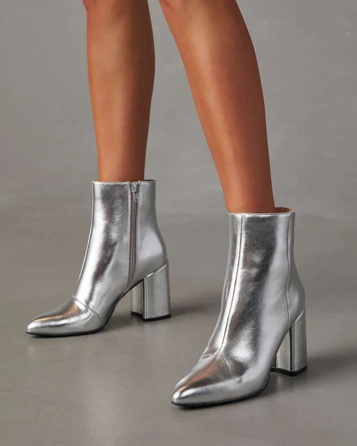 Damen Stiefeletten Metallic Look | Silber Blockabsatz